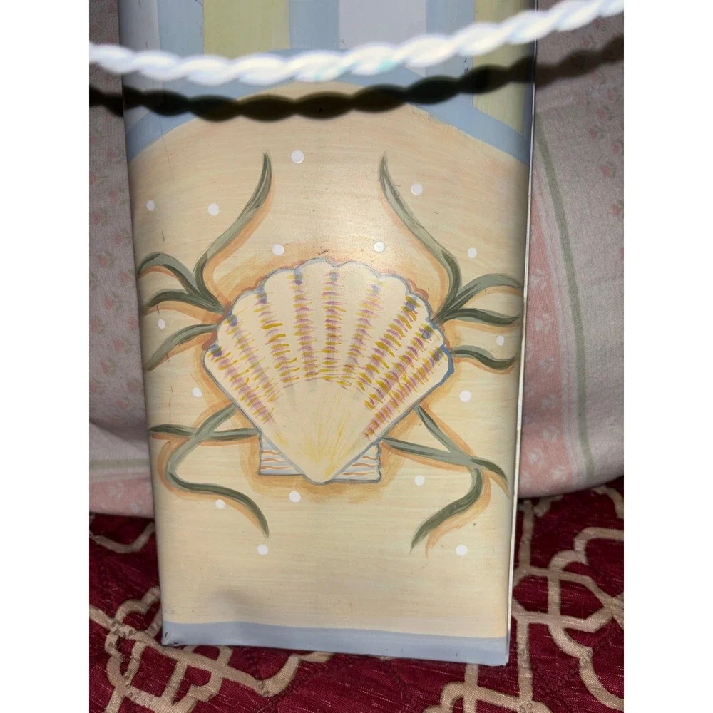 Coastal Seashell Hand Painted Metal Wall Pocket Hanging Tin Basket Blue Yellow